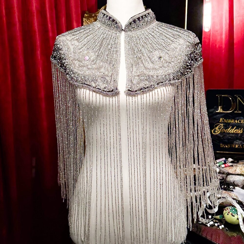 Silver Sequin Fringe Cape, Rhinestone Shawl, Luxury Beaded Cape, Festival Outfit